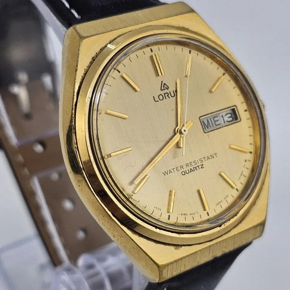 VTG Lorus Men's Watch 36MM Gold Dial DayDate New Black Leather Bands New Battery